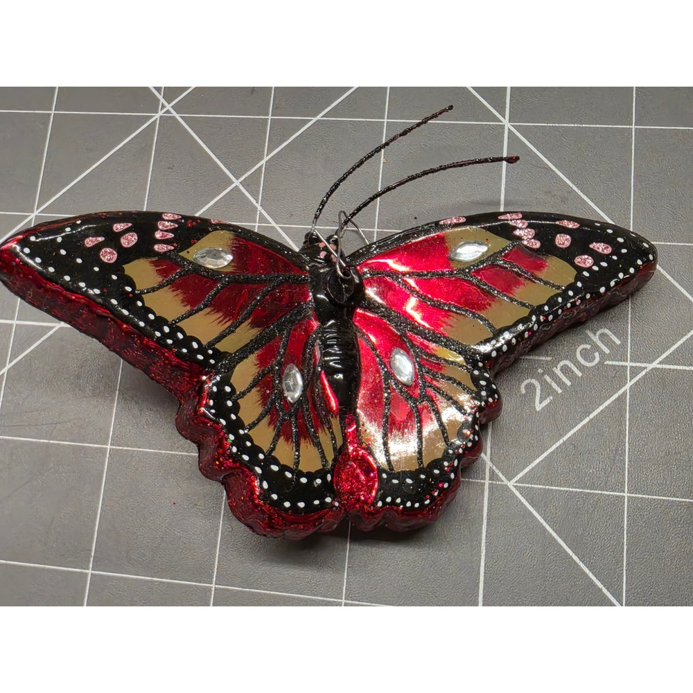 Red Gold Glitter Glass Butterfly Ornament Rhinestone Monarch Holiday Decor